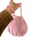 Vintage white and pink seersucker cotton basket with soft handle 