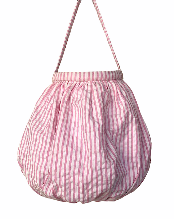 Vintage white and pink seersucker cotton basket with soft handle  
