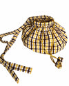 Vintage brown, yellow and white seersucker cotton basket with a long handle, can be worn as a shoulder or handbag 
